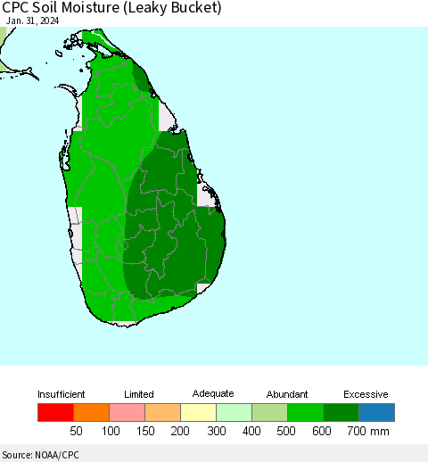 Sri Lanka CPC Soil Moisture (Leaky Bucket) Thematic Map For 1/26/2024 - 1/31/2024