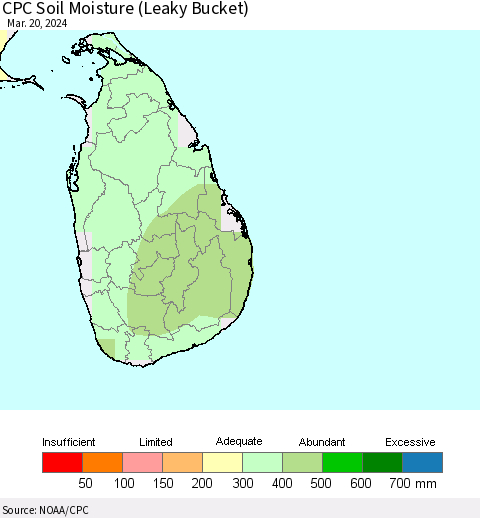 Sri Lanka CPC Soil Moisture (Leaky Bucket) Thematic Map For 3/16/2024 - 3/20/2024
