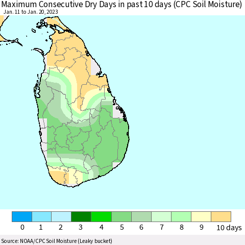 Sri Lanka Maximum Consecutive Dry Days in past 10 days (CPC Soil Moisture) Thematic Map For 1/16/2023 - 1/20/2023