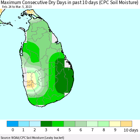 Sri Lanka Maximum Consecutive Dry Days in past 10 days (CPC Soil Moisture) Thematic Map For 3/1/2023 - 3/5/2023