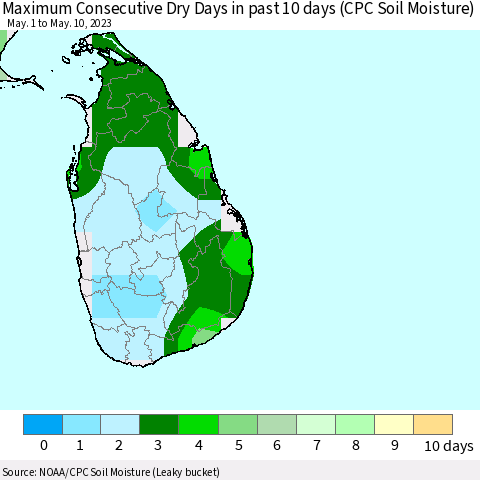 Sri Lanka Maximum Consecutive Dry Days in past 10 days (CPC Soil Moisture) Thematic Map For 5/6/2023 - 5/10/2023