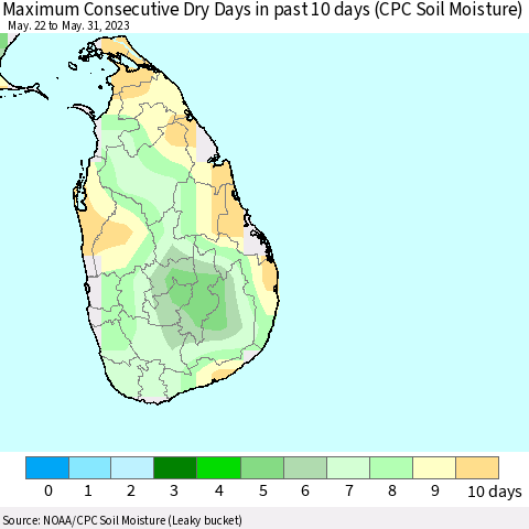 Sri Lanka Maximum Consecutive Dry Days in past 10 days (CPC Soil Moisture) Thematic Map For 5/26/2023 - 5/31/2023