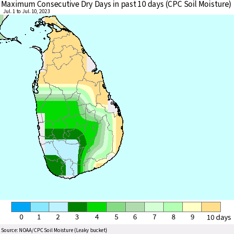 Sri Lanka Maximum Consecutive Dry Days in past 10 days (CPC Soil Moisture) Thematic Map For 7/6/2023 - 7/10/2023