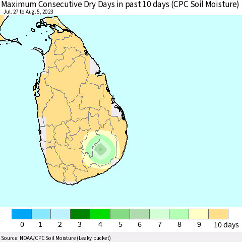 Sri Lanka Maximum Consecutive Dry Days in past 10 days (CPC Soil Moisture) Thematic Map For 8/1/2023 - 8/5/2023