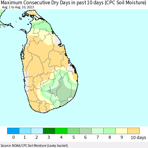Sri Lanka Maximum Consecutive Dry Days in past 10 days (CPC Soil Moisture) Thematic Map For 8/6/2023 - 8/10/2023