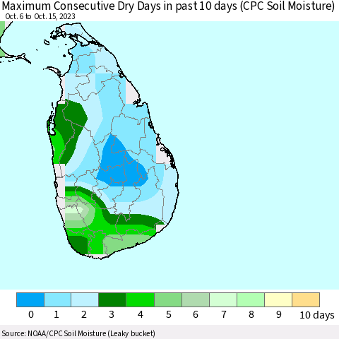 Sri Lanka Maximum Consecutive Dry Days in past 10 days (CPC Soil Moisture) Thematic Map For 10/11/2023 - 10/15/2023