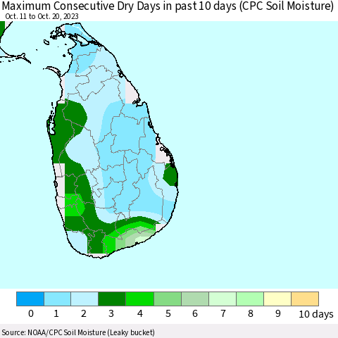 Sri Lanka Maximum Consecutive Dry Days in past 10 days (CPC Soil Moisture) Thematic Map For 10/16/2023 - 10/20/2023