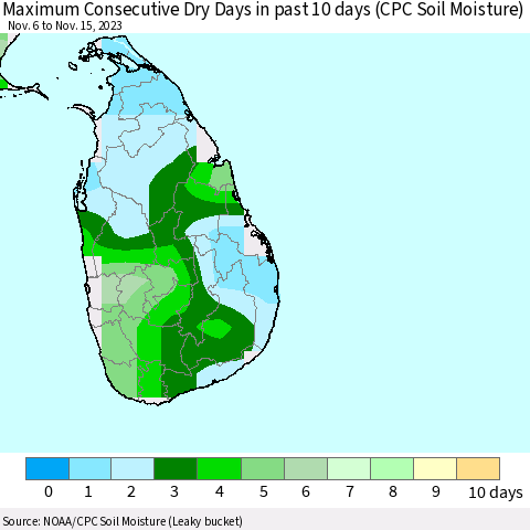 Sri Lanka Maximum Consecutive Dry Days in past 10 days (CPC Soil Moisture) Thematic Map For 11/11/2023 - 11/15/2023