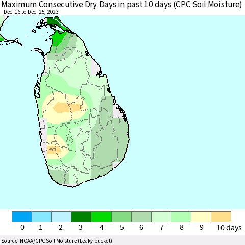 Sri Lanka Maximum Consecutive Dry Days in past 10 days (CPC Soil Moisture) Thematic Map For 12/21/2023 - 12/25/2023