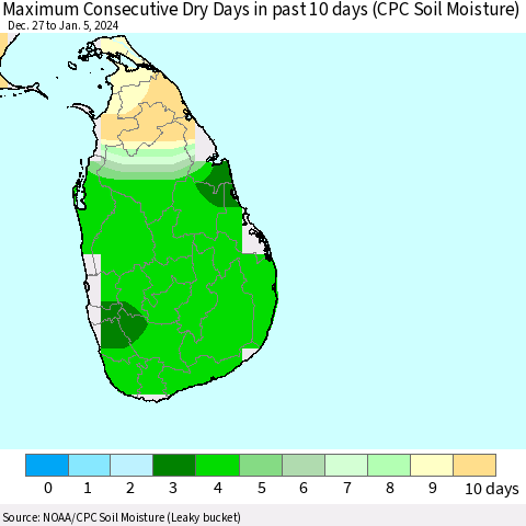 Sri Lanka Maximum Consecutive Dry Days in past 10 days (CPC Soil Moisture) Thematic Map For 1/1/2024 - 1/5/2024