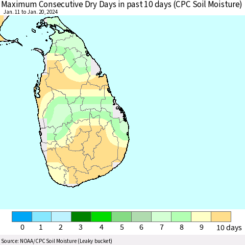 Sri Lanka Maximum Consecutive Dry Days in past 10 days (CPC Soil Moisture) Thematic Map For 1/16/2024 - 1/20/2024