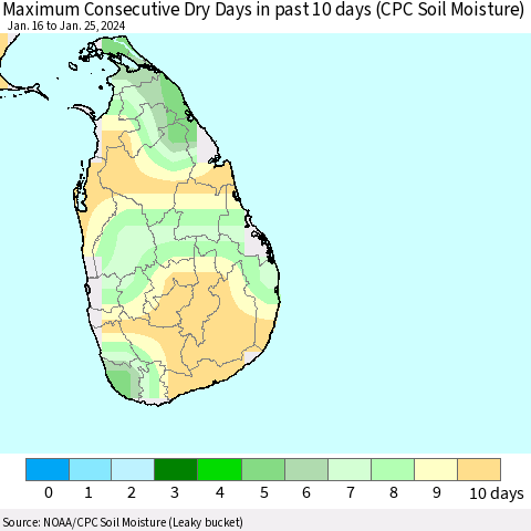 Sri Lanka Maximum Consecutive Dry Days in past 10 days (CPC Soil Moisture) Thematic Map For 1/21/2024 - 1/25/2024