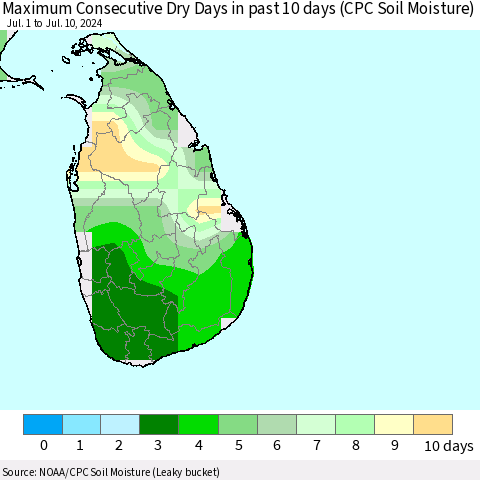 Sri Lanka Maximum Consecutive Dry Days in past 10 days (CPC Soil Moisture) Thematic Map For 7/6/2024 - 7/10/2024
