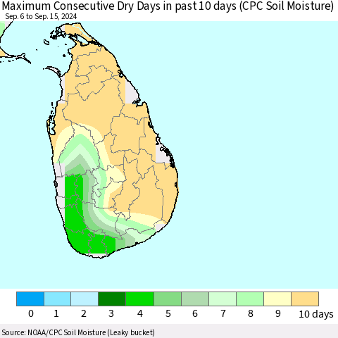 Sri Lanka Maximum Consecutive Dry Days in past 10 days (CPC Soil Moisture) Thematic Map For 9/11/2024 - 9/15/2024