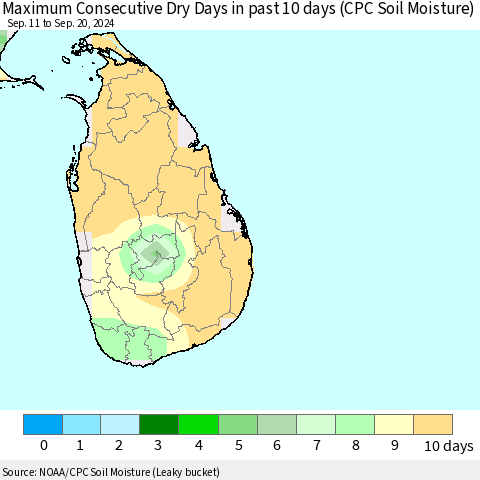 Sri Lanka Maximum Consecutive Dry Days in past 10 days (CPC Soil Moisture) Thematic Map For 9/16/2024 - 9/20/2024
