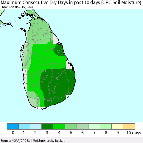 Sri Lanka Maximum Consecutive Dry Days in past 10 days (CPC Soil Moisture) Thematic Map For 11/11/2024 - 11/15/2024