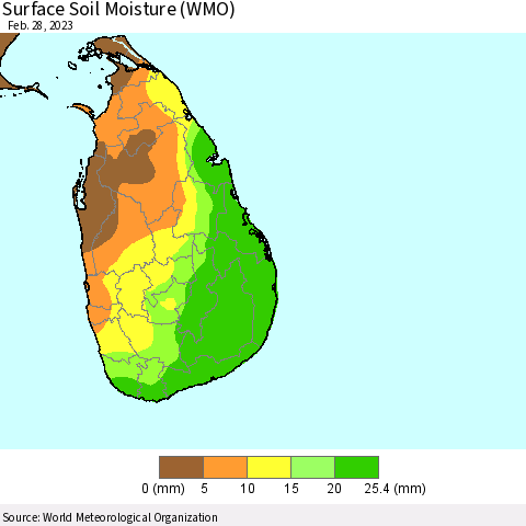 Sri Lanka Surface Soil Moisture (WMO) Thematic Map For 2/26/2023 - 2/28/2023
