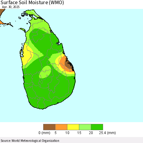 Sri Lanka Surface Soil Moisture (WMO) Thematic Map For 4/26/2025 - 4/30/2025