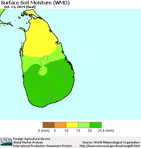 Sri Lanka Surface Soil Moisture (WMO) Thematic Map For 10/7/2019 - 10/13/2019