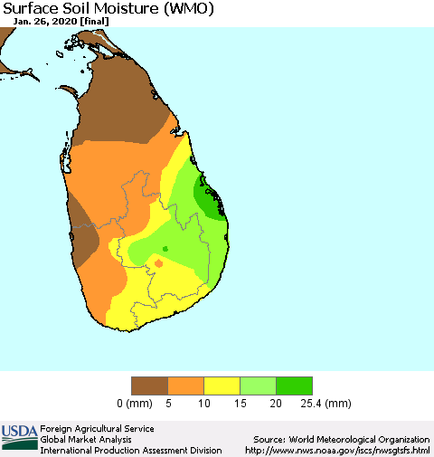 Sri Lanka Surface Soil Moisture (WMO) Thematic Map For 1/20/2020 - 1/26/2020