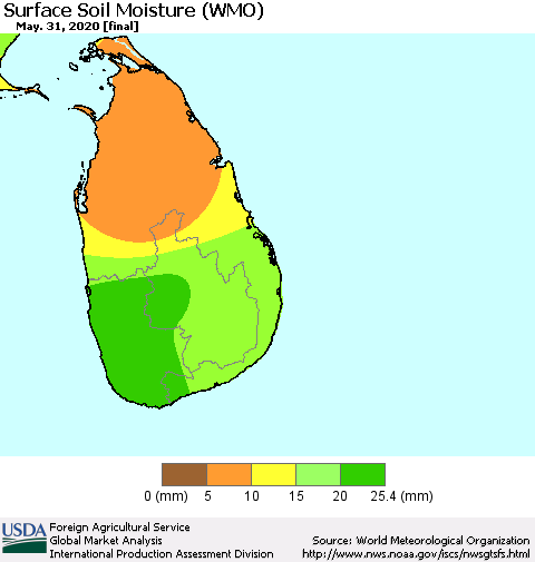 Sri Lanka Surface Soil Moisture (WMO) Thematic Map For 5/25/2020 - 5/31/2020