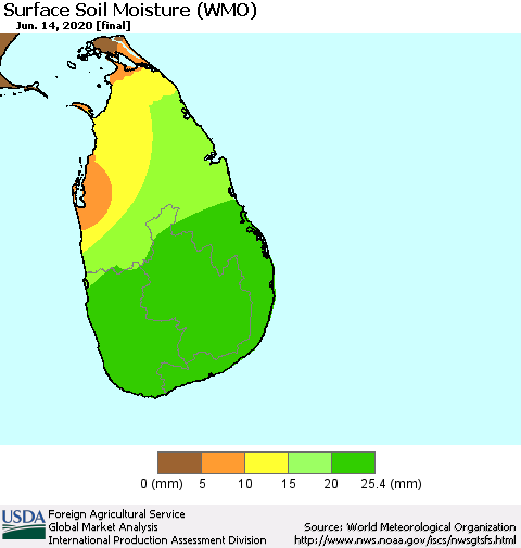 Sri Lanka Surface Soil Moisture (WMO) Thematic Map For 6/8/2020 - 6/14/2020