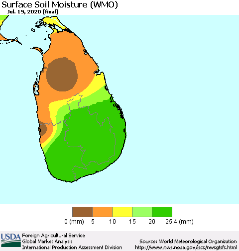 Sri Lanka Surface Soil Moisture (WMO) Thematic Map For 7/13/2020 - 7/19/2020