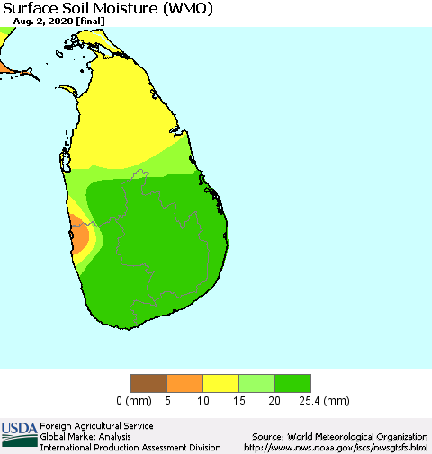 Sri Lanka Surface Soil Moisture (WMO) Thematic Map For 7/27/2020 - 8/2/2020