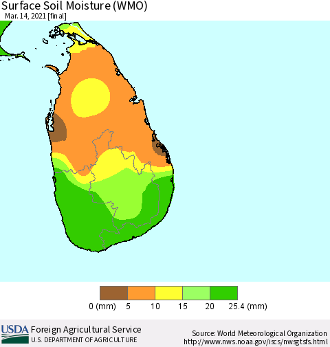 Sri Lanka Surface Soil Moisture (WMO) Thematic Map For 3/8/2021 - 3/14/2021
