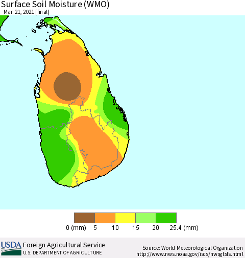 Sri Lanka Surface Soil Moisture (WMO) Thematic Map For 3/15/2021 - 3/21/2021
