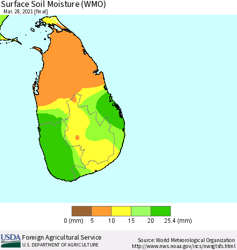 Sri Lanka Surface Soil Moisture (WMO) Thematic Map For 3/22/2021 - 3/28/2021