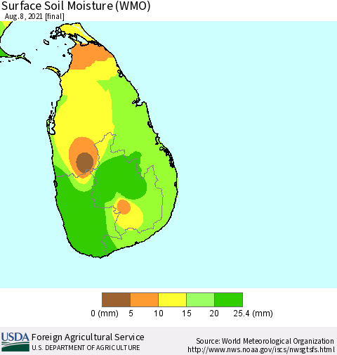 Sri Lanka Surface Soil Moisture (WMO) Thematic Map For 8/2/2021 - 8/8/2021