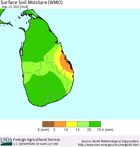 Sri Lanka Surface Soil Moisture (WMO) Thematic Map For 8/9/2021 - 8/15/2021