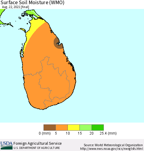 Sri Lanka Surface Soil Moisture (WMO) Thematic Map For 8/16/2021 - 8/22/2021