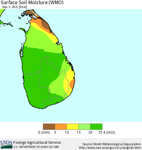 Sri Lanka Surface Soil Moisture (WMO) Thematic Map For 8/30/2021 - 9/5/2021