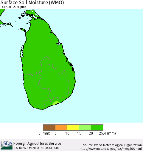 Sri Lanka Surface Soil Moisture (WMO) Thematic Map For 10/25/2021 - 10/31/2021