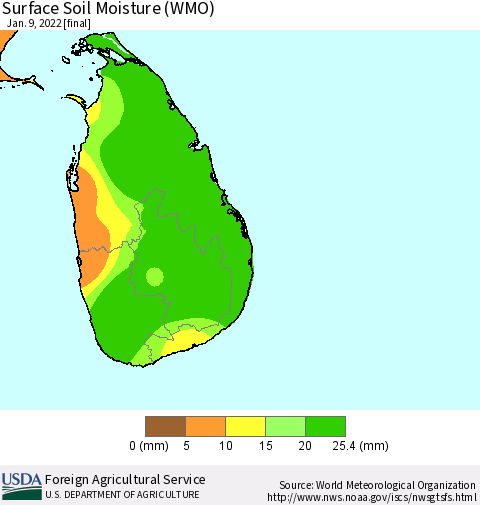 Sri Lanka Surface Soil Moisture (WMO) Thematic Map For 1/3/2022 - 1/9/2022
