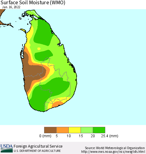 Sri Lanka Surface Soil Moisture (WMO) Thematic Map For 1/10/2022 - 1/16/2022