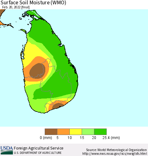 Sri Lanka Surface Soil Moisture (WMO) Thematic Map For 2/14/2022 - 2/20/2022
