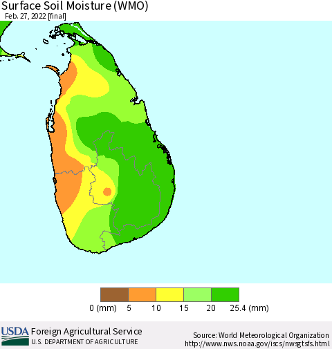 Sri Lanka Surface Soil Moisture (WMO) Thematic Map For 2/21/2022 - 2/27/2022