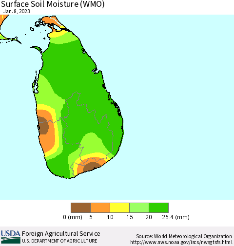 Sri Lanka Surface Soil Moisture (WMO) Thematic Map For 1/2/2023 - 1/8/2023