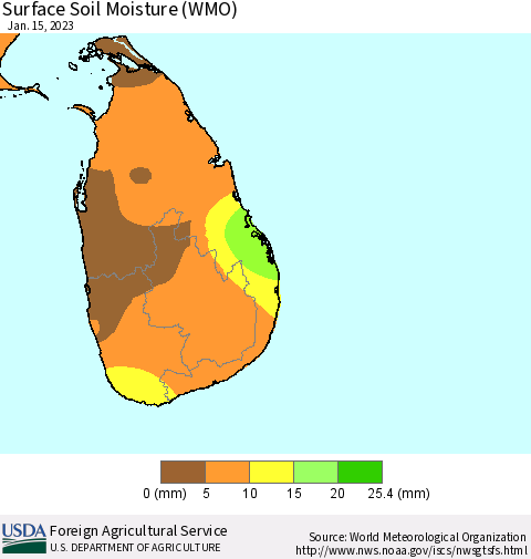 Sri Lanka Surface Soil Moisture (WMO) Thematic Map For 1/9/2023 - 1/15/2023