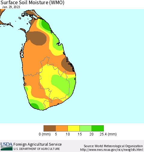 Sri Lanka Surface Soil Moisture (WMO) Thematic Map For 1/23/2023 - 1/29/2023