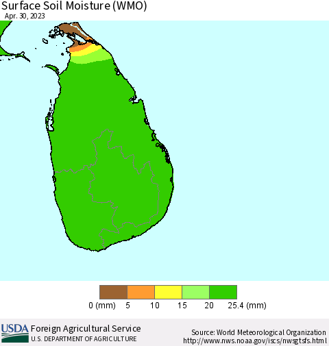 Sri Lanka Surface Soil Moisture (WMO) Thematic Map For 4/24/2023 - 4/30/2023