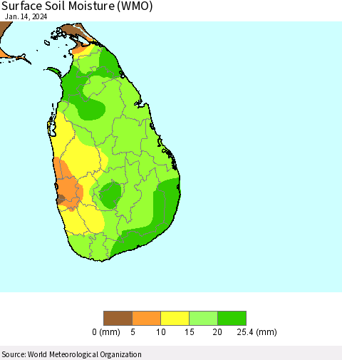 Sri Lanka Surface Soil Moisture (WMO) Thematic Map For 1/8/2024 - 1/14/2024