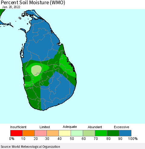 Sri Lanka Percent Soil Moisture (WMO) Thematic Map For 1/16/2022 - 1/20/2022
