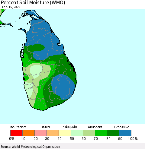 Sri Lanka Percent Soil Moisture (WMO) Thematic Map For 2/11/2022 - 2/15/2022