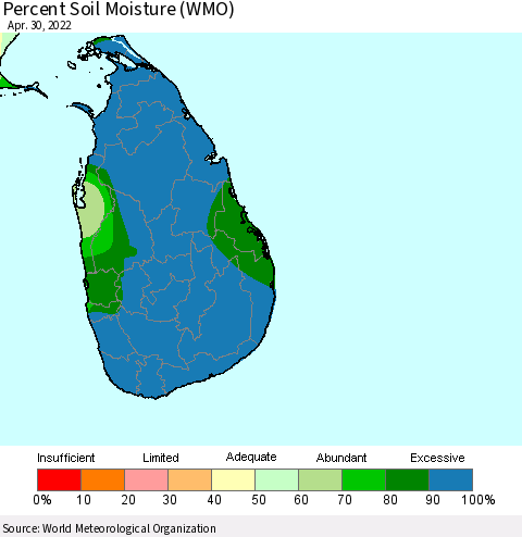 Sri Lanka Percent Soil Moisture (WMO) Thematic Map For 4/26/2022 - 4/30/2022
