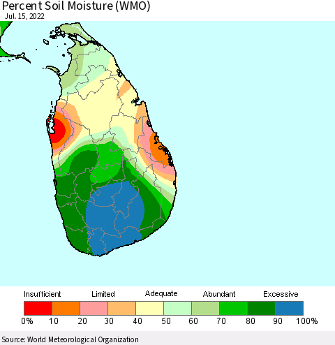 Sri Lanka Percent Soil Moisture (WMO) Thematic Map For 7/11/2022 - 7/15/2022