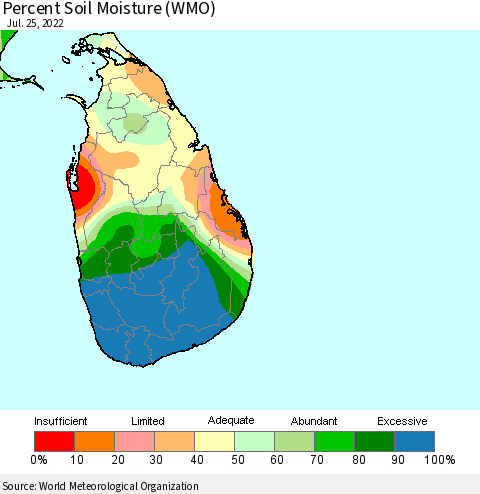 Sri Lanka Percent Soil Moisture (WMO) Thematic Map For 7/21/2022 - 7/25/2022